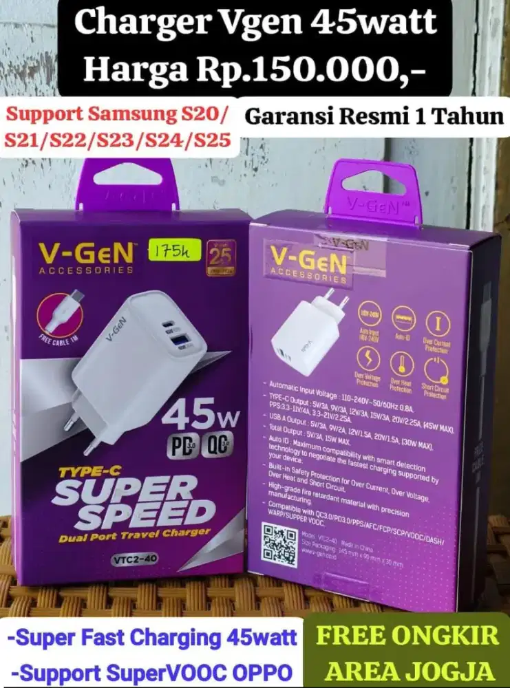 Charger Vgen 45watt Super Fast /SuperVOOC (GARANSI RESMI 1 TAHUN)