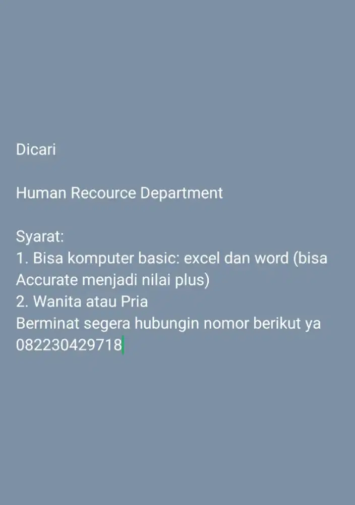 Dicari Karyawan bagian HRD