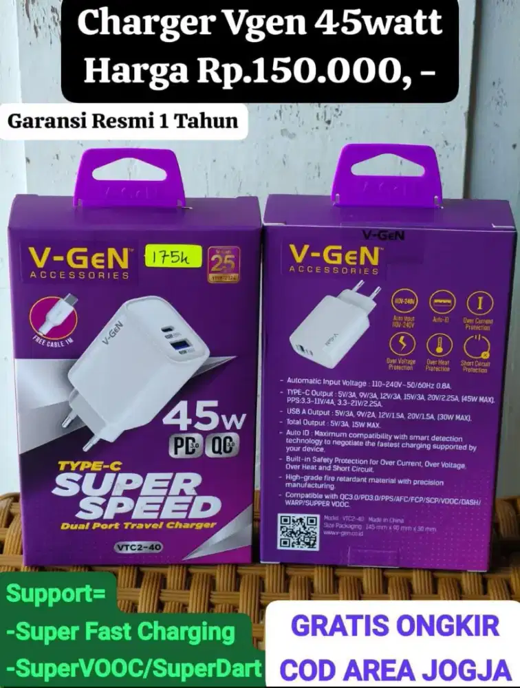 Charger Vgen 45watt SuperVOOC/Super Fast Charging ( BISA COD )