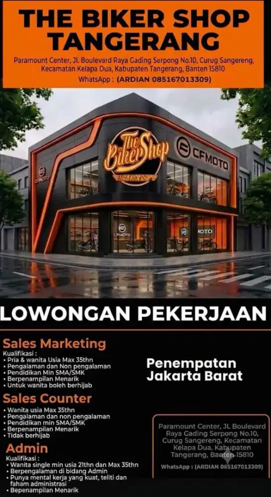 LOKER UNTUK SALES MARKETING, SALES COUNTER, ADMIN, MEKANIK SEGERA!!