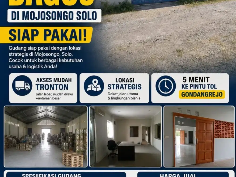 Dijual Gudang Bagus Zona Kuning Lokasi Strategis Mojosongo, Solo Luas 651m2