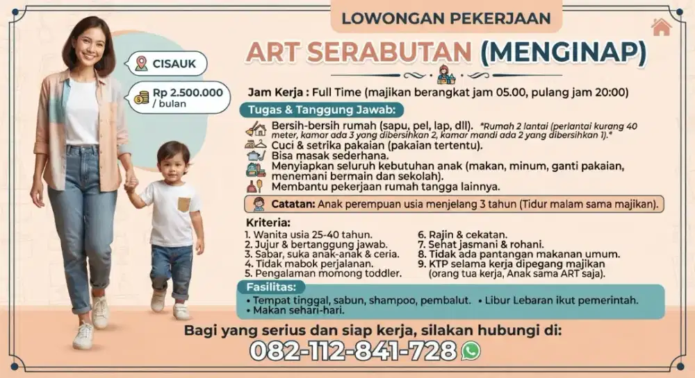 Dibutuhkan ART SERABUTAN (CISAUK- KAB TANGERANG)