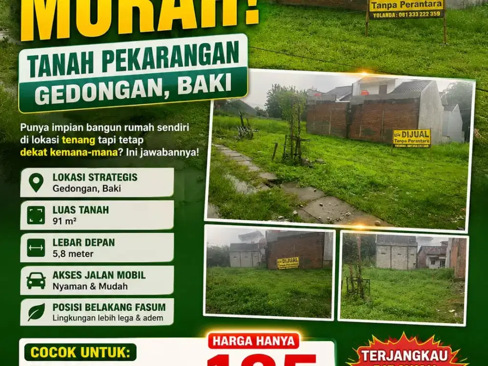 Dijual Cepat Tanah Pekarangan Siap Bangun Lokasi Strategis Baki,Sukoharjo Luas 91m2