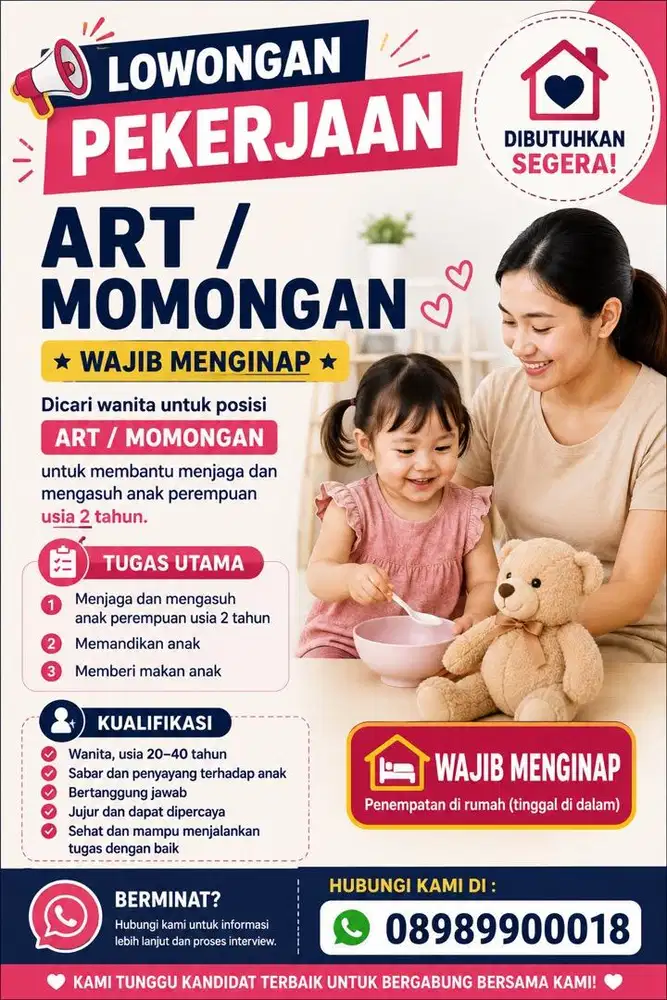 Lowongan ART MOMONGAN Anak Perempuan, Wajib Menginap