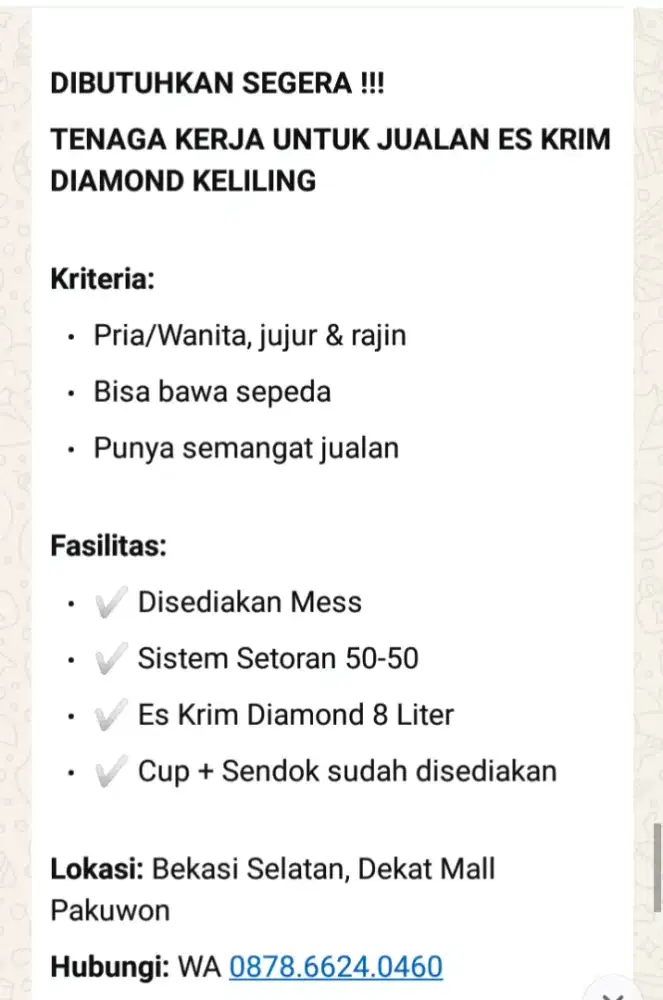 Di Butuhkan Tenaga kerja untuk jualan es Cream Diamond keliling