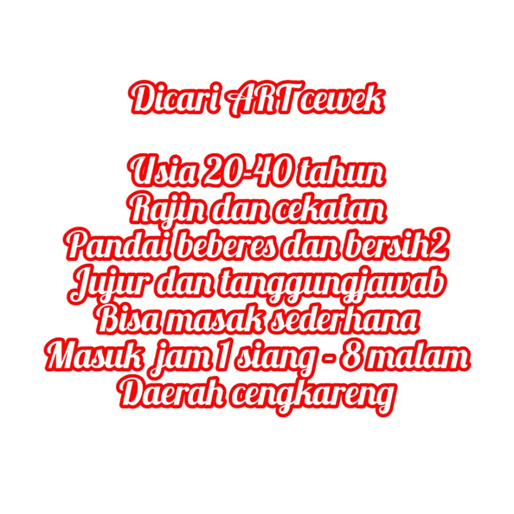 Dicari ART bisa masak sederhana dan bantu bersih2