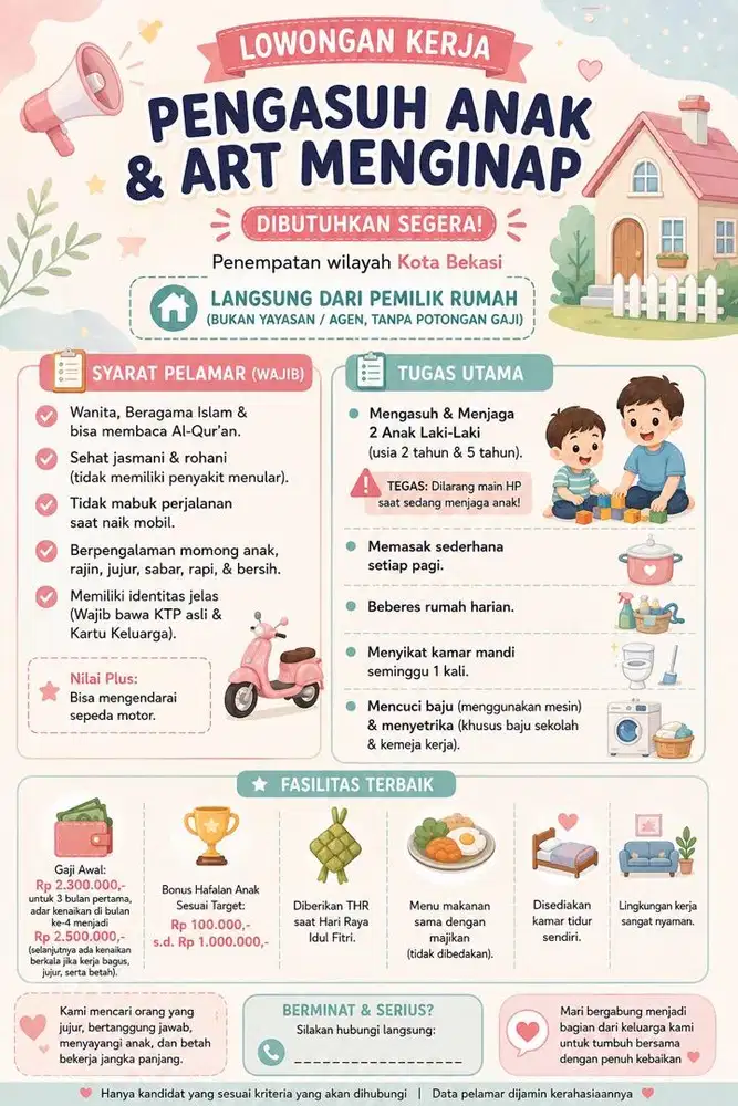 Dicari Babysitter menginap bayi 18 bulan dan 4,5 tahun