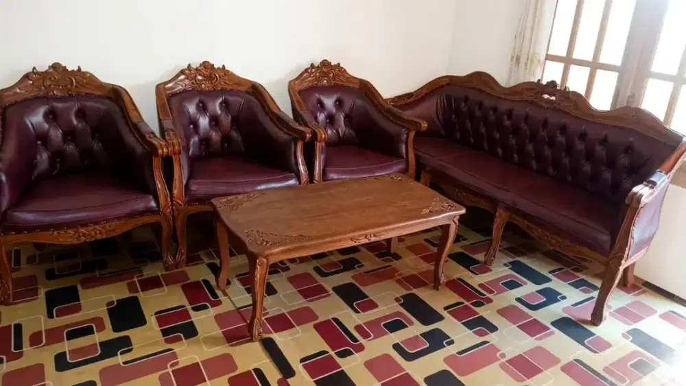 ​[DIJUAL] Set Kursi Tamu Ukir Jati Maroon - Kondisi Gress, Murah!