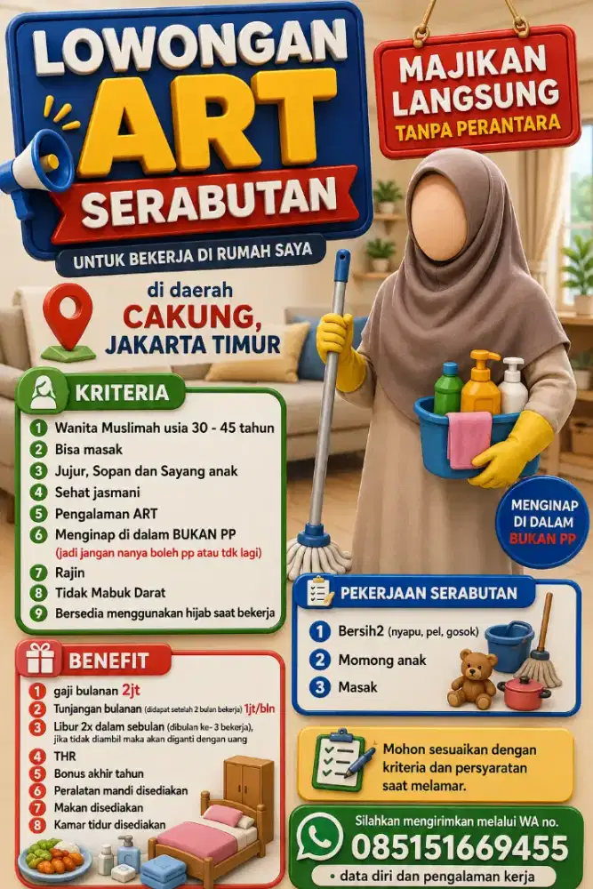 Lowongan ART serabutan di perumahan cakung, jakarta timur