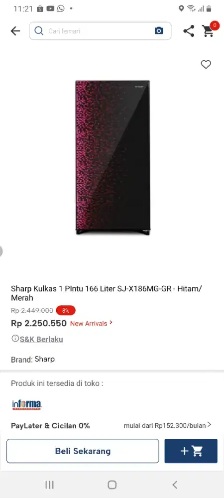 Sharp kulkas 1pintu