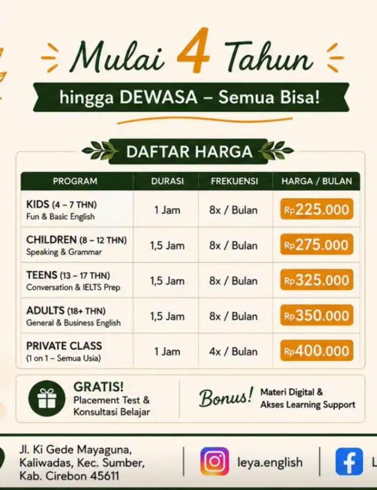 Les Kursus Bimbel Inggris Online & Di Tempat  Watubelah Sumber Cirebon