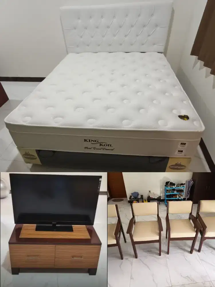 Kasur King Koil 160x200+dipan+sandaran+lemari+SONY TV+4 kursi sofa