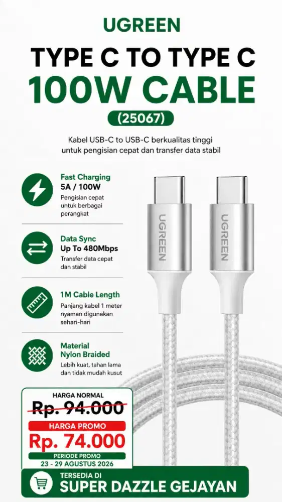 UGREEN TYPE C TO TYPE C CABLE 100W (25067)