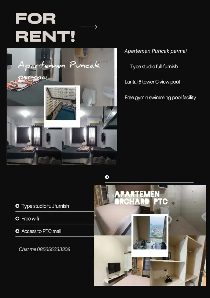 Disewakan harian/bulanan/tahunan apartemen puncak permai studio furnis