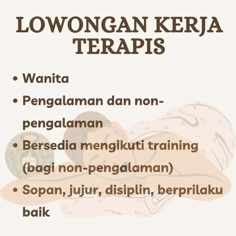 Dibutuhkan segera Terapis Refleksi Massage Wanita
