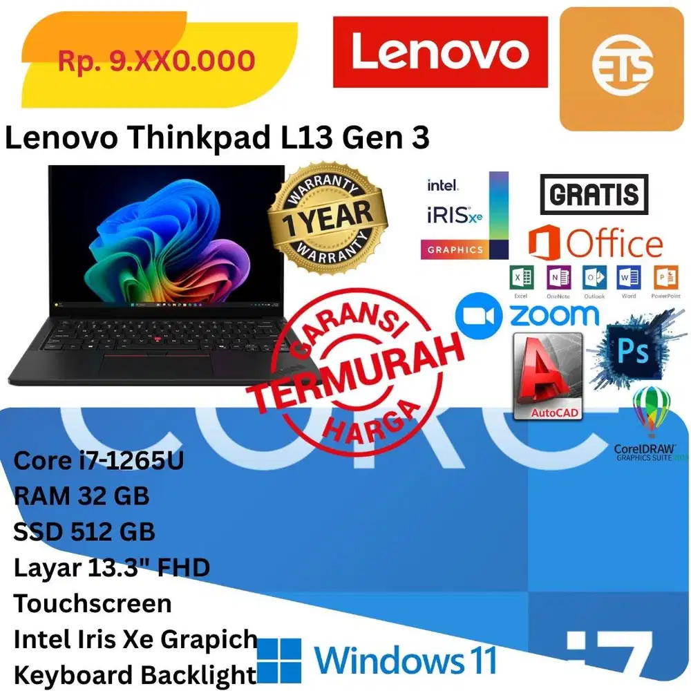 New Lenovo Thinkpad L13 Core i7-1265U Ram 32Gb SSD 512 Gb Touchscreen