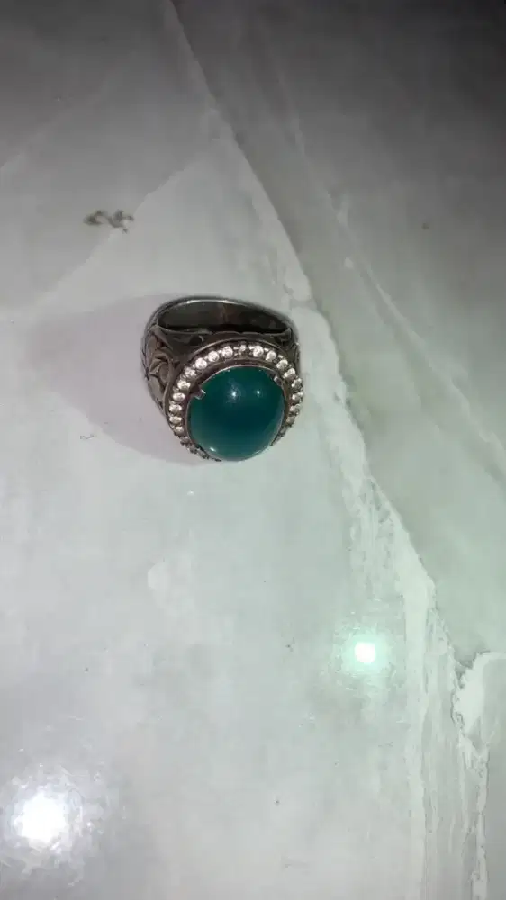 Cincin Chalcedony Hijau giwang Ikat perak 925 ukir tangan tabur zirkon