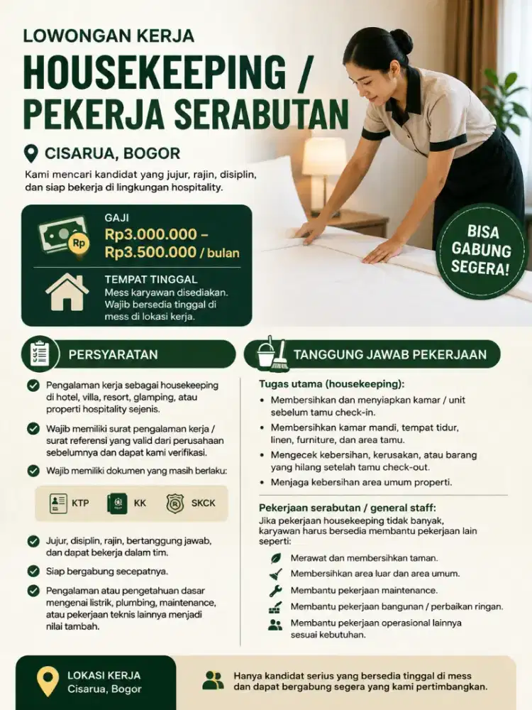 LOWONGAN HOUSEKEEPING / PEKERJA SERABUTAN – CISARUA, BOGOR