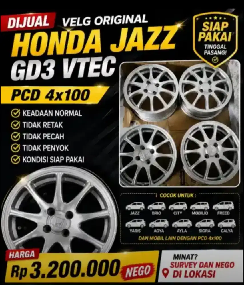 Velg OEM jazz GD3 VTEC R15 PCD 4x100