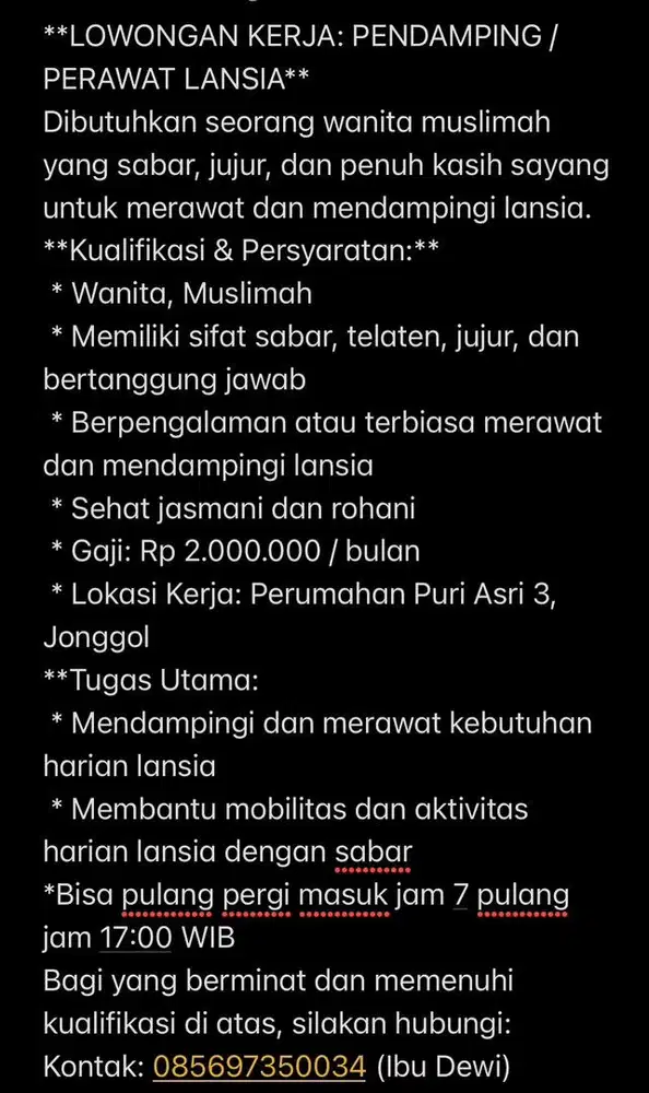 Lowongan Kerja Menjaga dan merawat Lansia