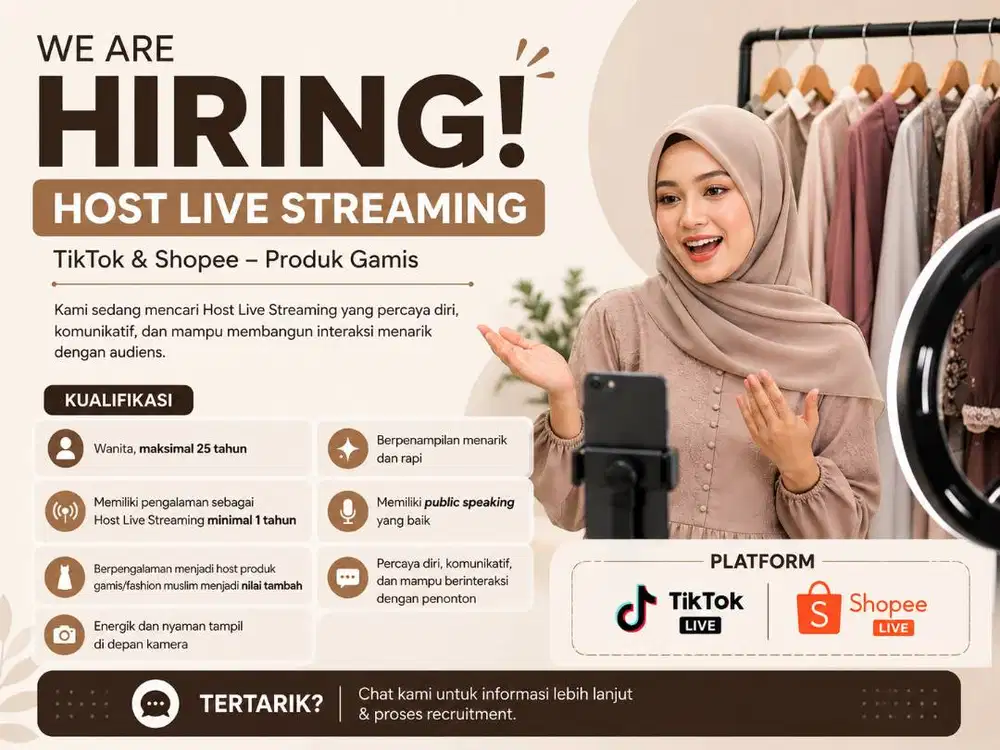 Dicari Host Live Streaming Tiktok dan Shopee untuk Produk Gamis