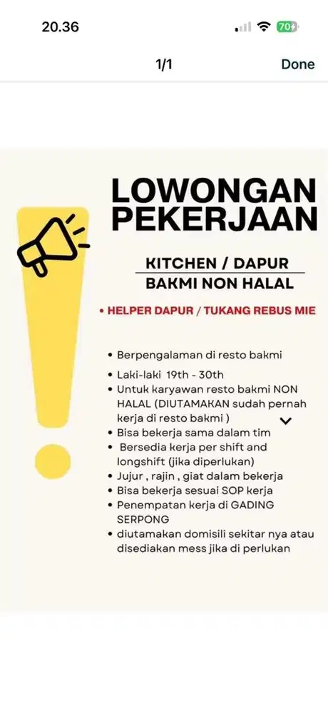 DICARI HELPER DAPUR RESTO BAKMI NON HALAL