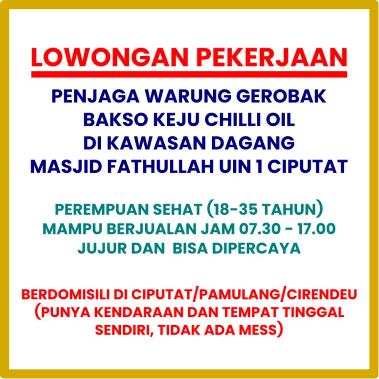 LOWONGAN PENJAGA WARUNG GEROBAK BAKSO KEJU CHILI OIL