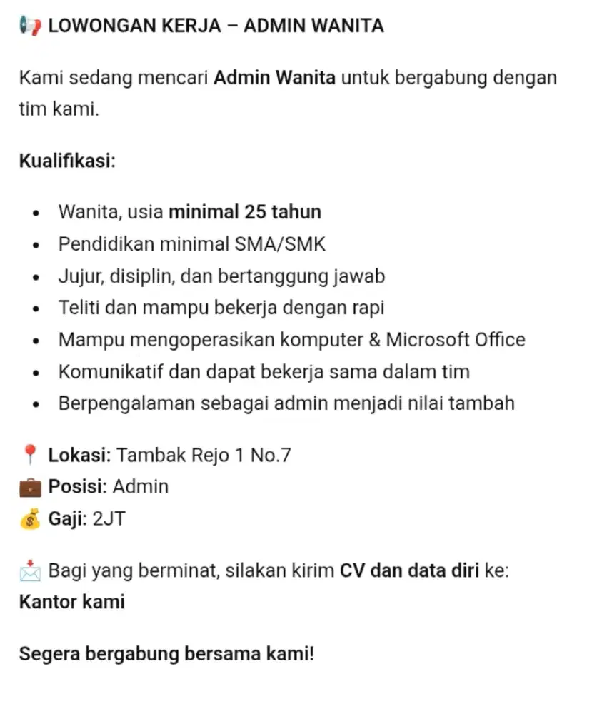 Lowongan admin perempuan