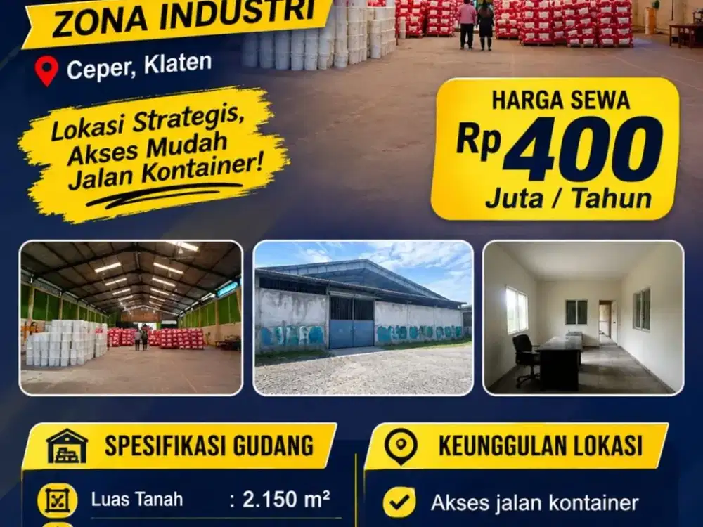Disewakan Gudang Zona Industri Lokasi Strategis Ceper, Klaten Luas 2150m2