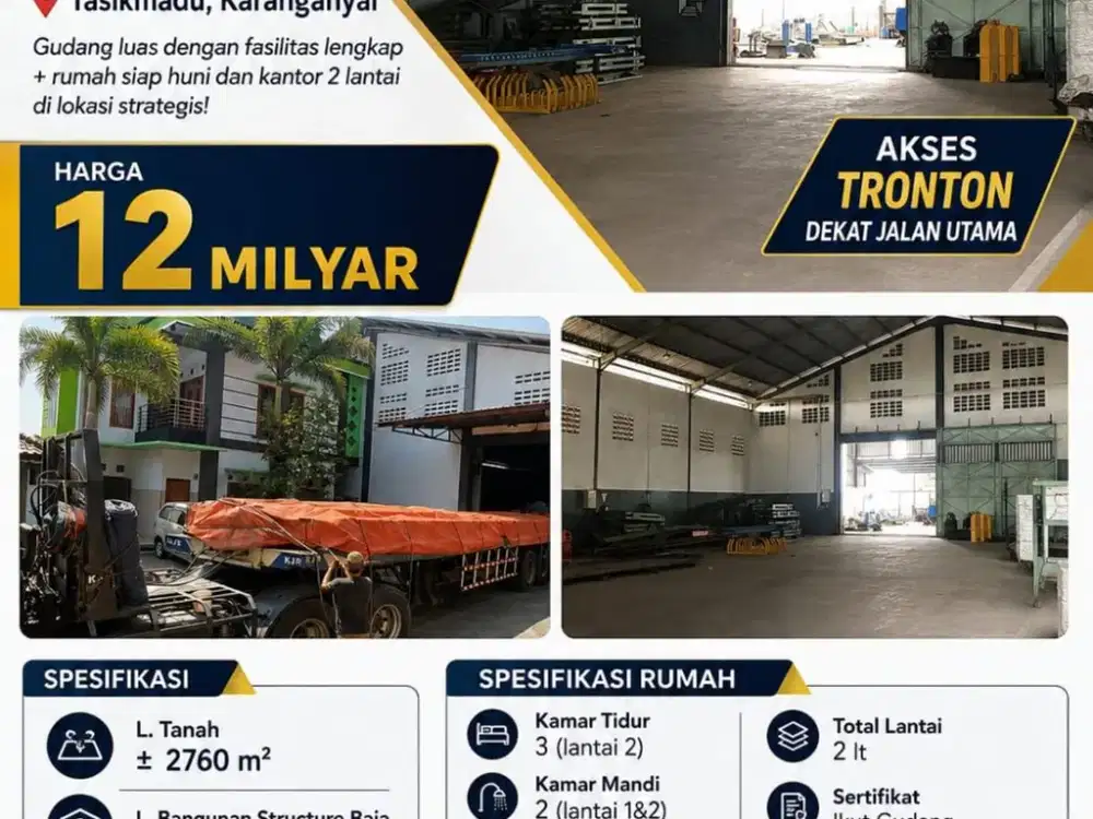 Dijual Gudang Zona Industri Lokasi Super Strategis Tasikmadu, Karanganyar Luas 2760m2