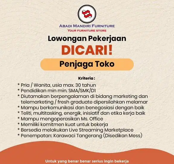 LOWONGAN ADMIN / PENJAGA TOKO