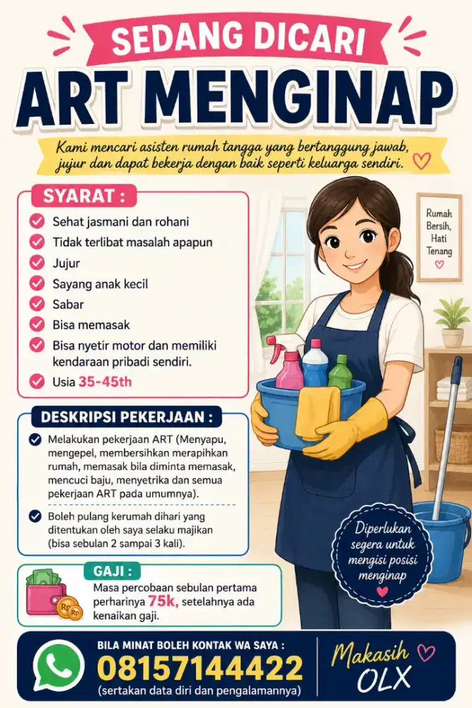 Dicari ART Menginap boleh pulang dengan kesepakatan