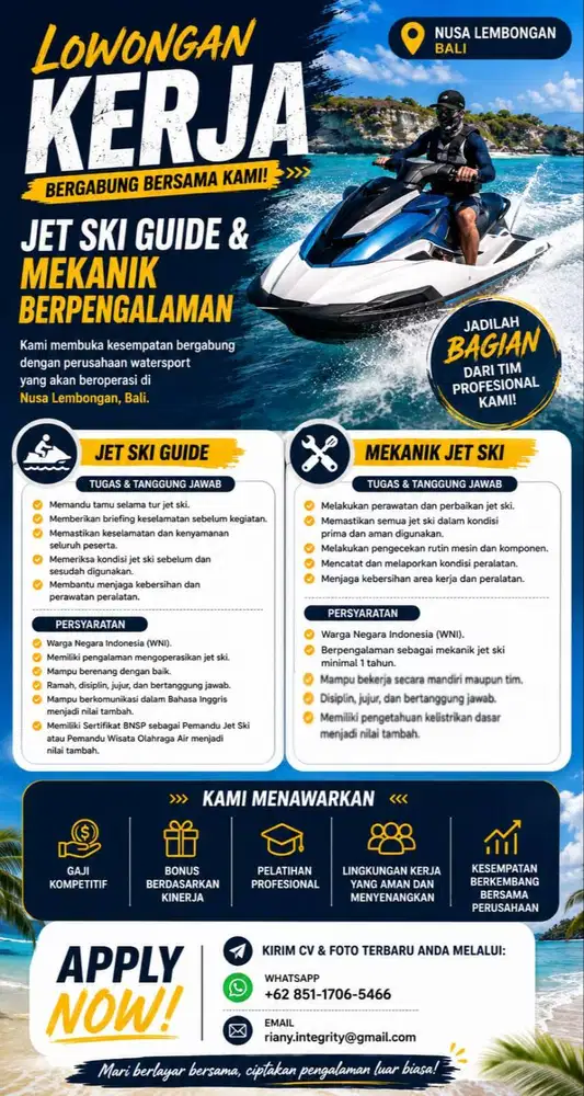 LOWONGAN PEKERJAAN AREA BALI-JET SKI GUIDE & CONTENT SPECIALIST