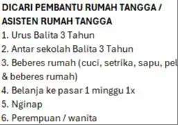 Dibutuhkan segera pembantu rumah tangga / asisten rumah tangga