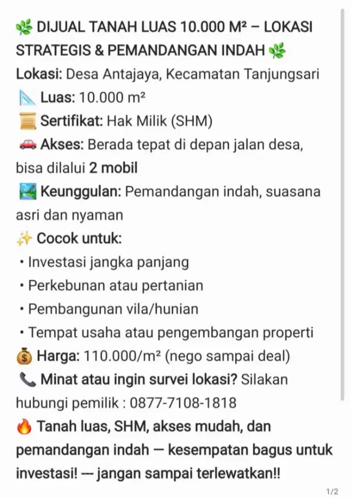 DIJUAL TANAH LUAS 10.000 M² – LOKASI STRATEGIS! -- PEMANDANGAN INDAH
