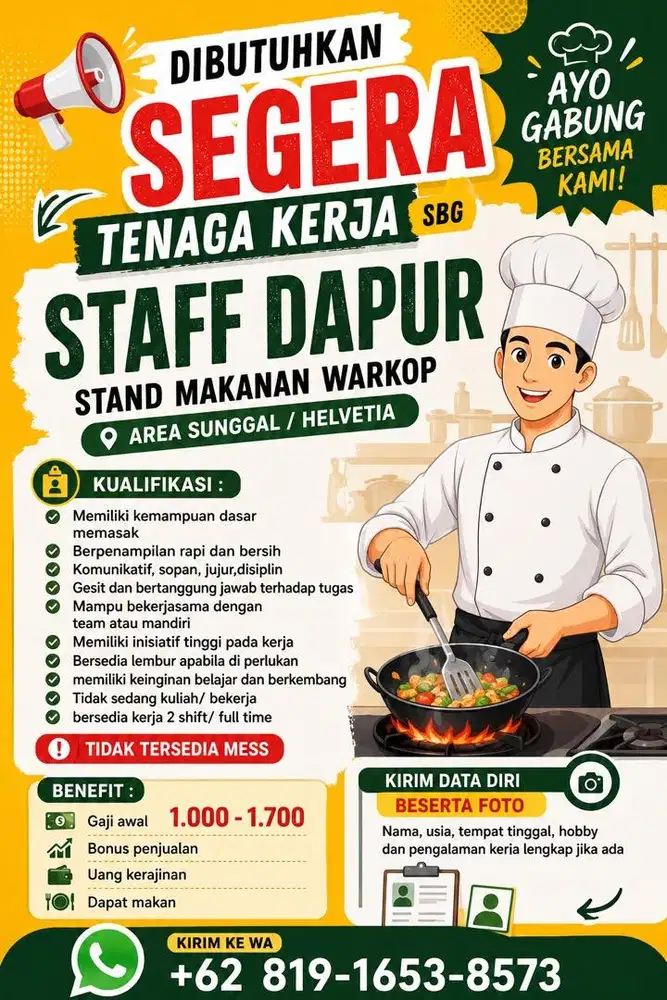 Dibutuhkan segera staff dapur untuk warkop.