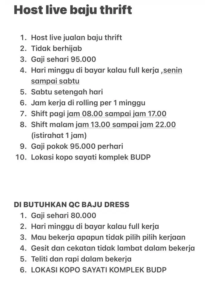 Di butuhkan host live berpengalaman baju thrift dan QC dress wanita