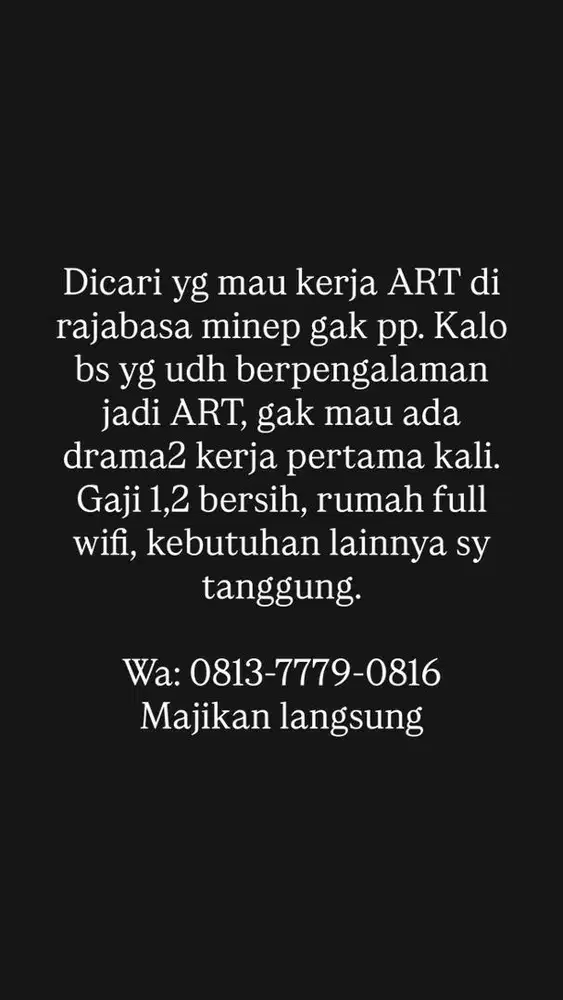 Dicari ART minep Daerah Rajabasa