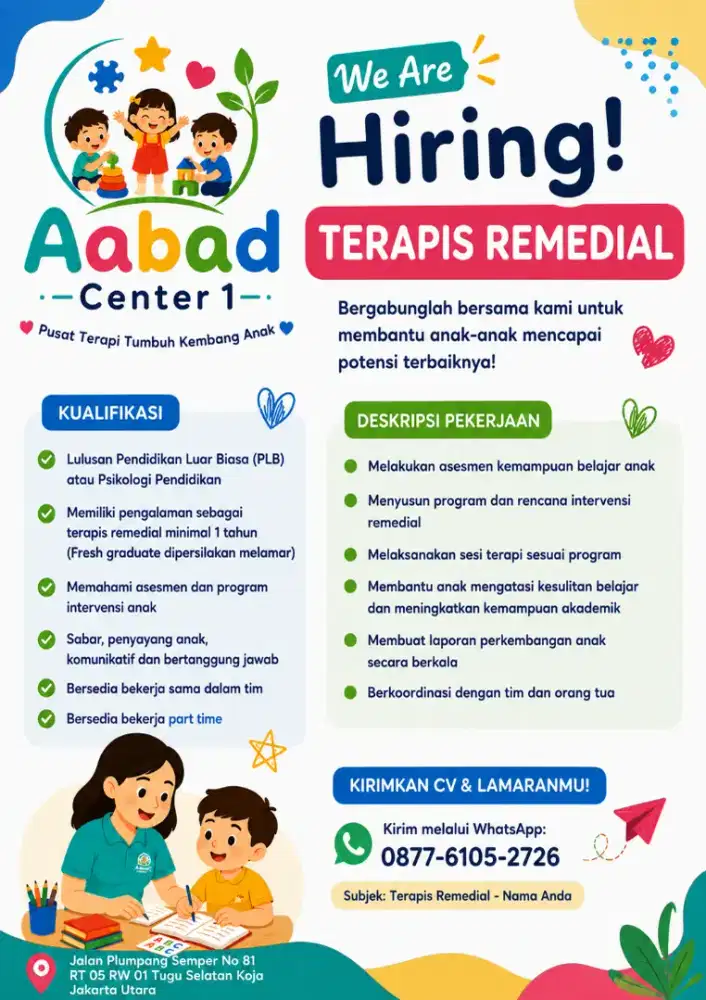 Dicari TERAPIS REMEDIAL part time di Plumpang sempet koja jakut