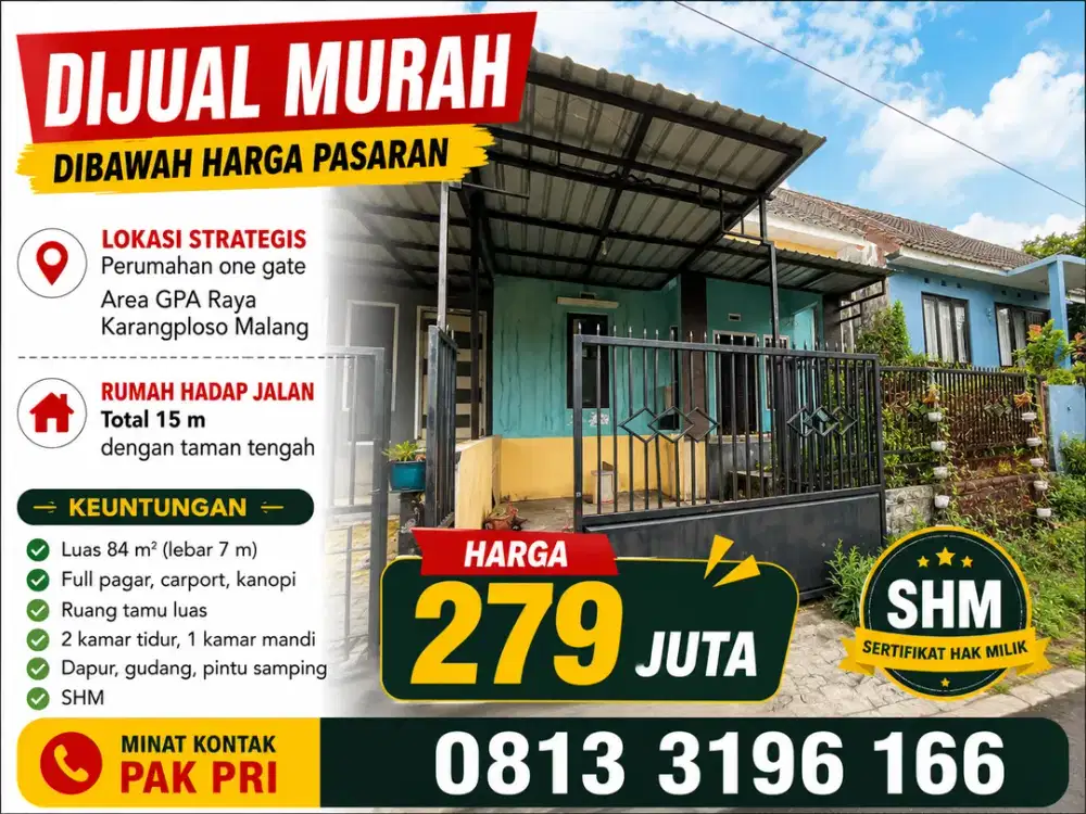 Jual Murah Dibawah Pasar! Rumah Hook/Jalan Utama di GPA Karangploso Malang – Hanya 279 Juta