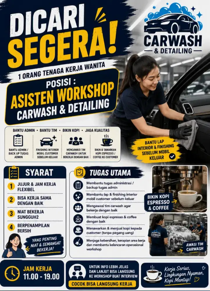Dicari segera lowongan kerja wanita asisten admin bengkel carwash