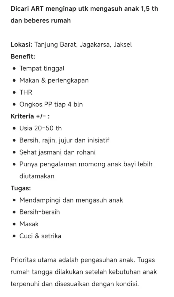 Dicari ART menginap utk mengasuh anak 1,5 th dan beberes rumah