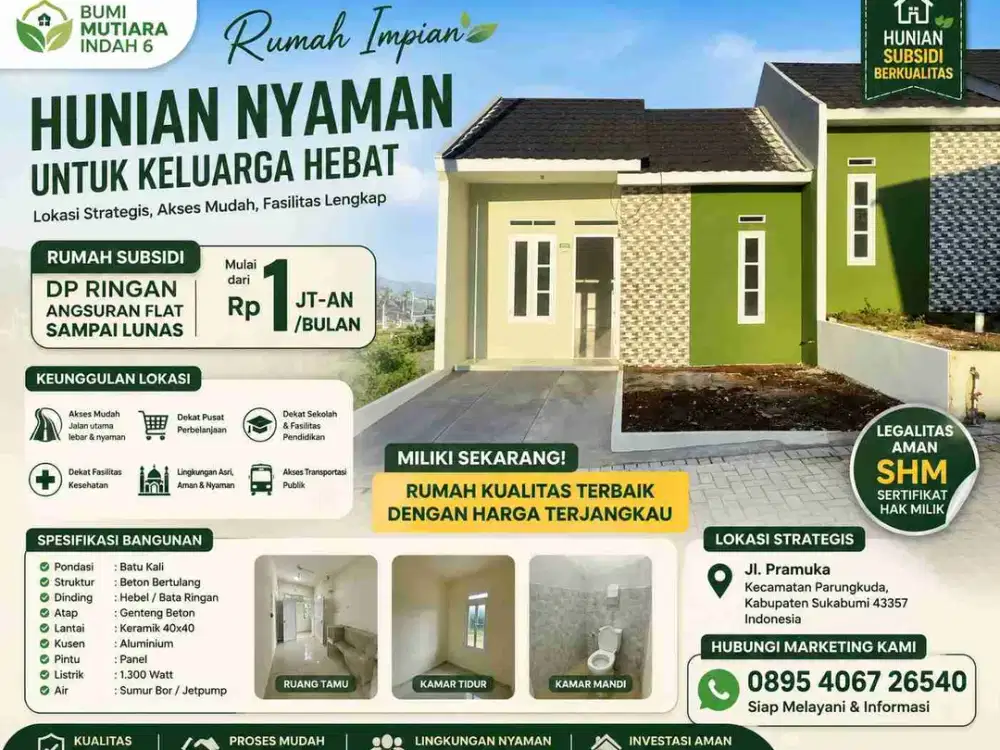 Rumah subsidi terlaris dekat dengan exit tol bocimi, parungkuda, Sukabumi!