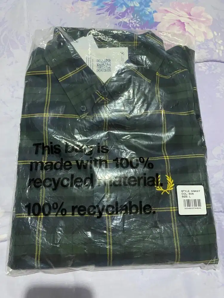 Fred Perry Oxford Tartan SS Navy Green Kemeja lengan Pendek