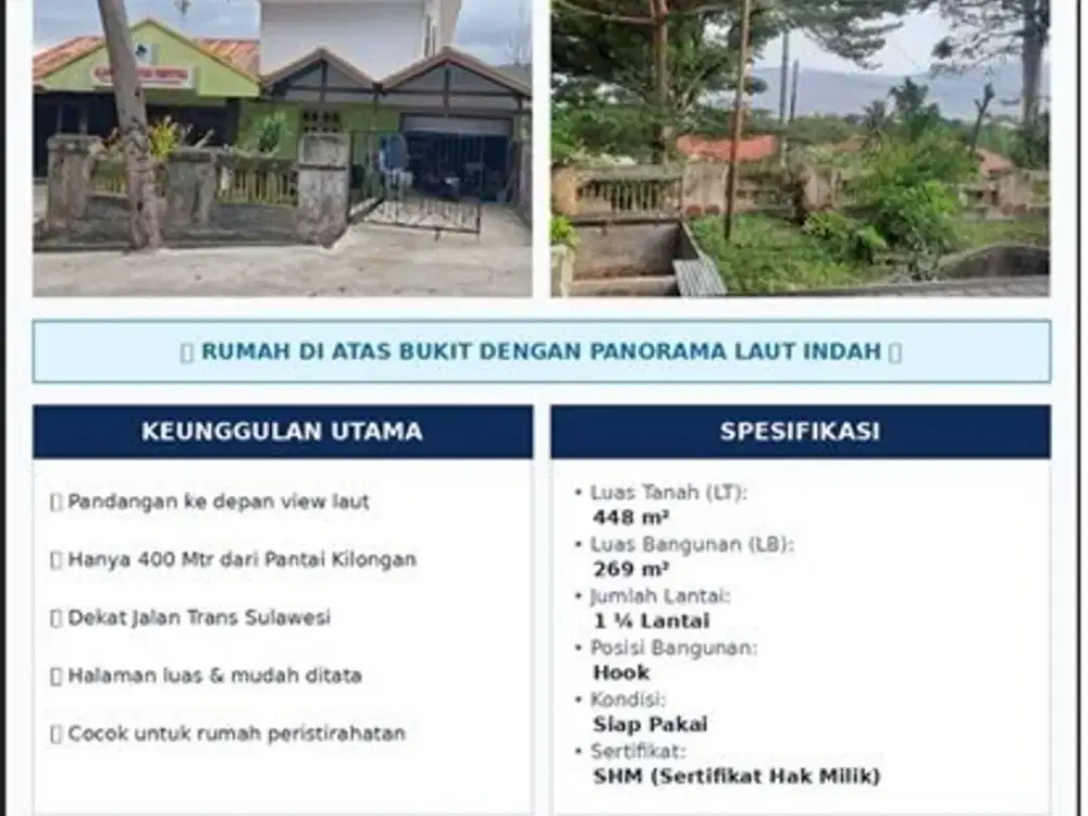 Rumah di jual, ( detil lihat video)  LT:448M2, LB: 269, 1 1/4lt, SHM, Hook,  di Nusagria , LUWUK, Sulawesi Tengah