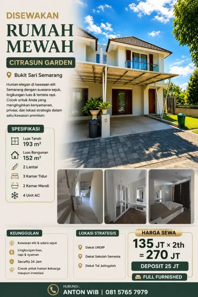 DISEWAKAN CITRASUN GARDEN VIEW 2LT CEPAT SEGERA
