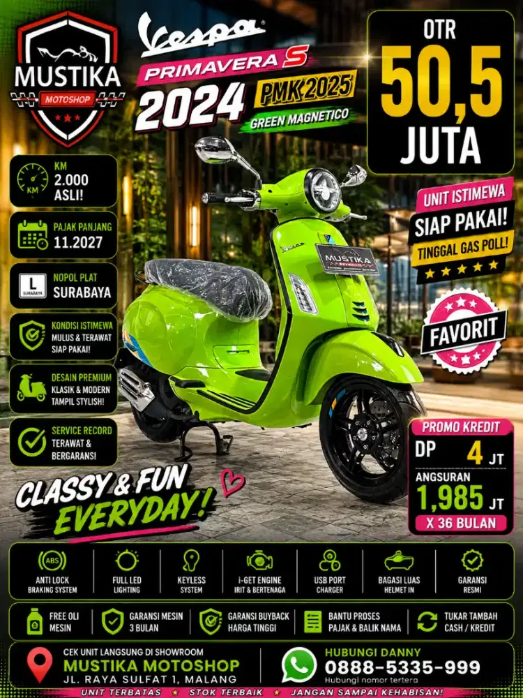 Km 2rb Istimewa‼️Vespa Primavera S 2024 pmk 25. DANNY Mustika Malang