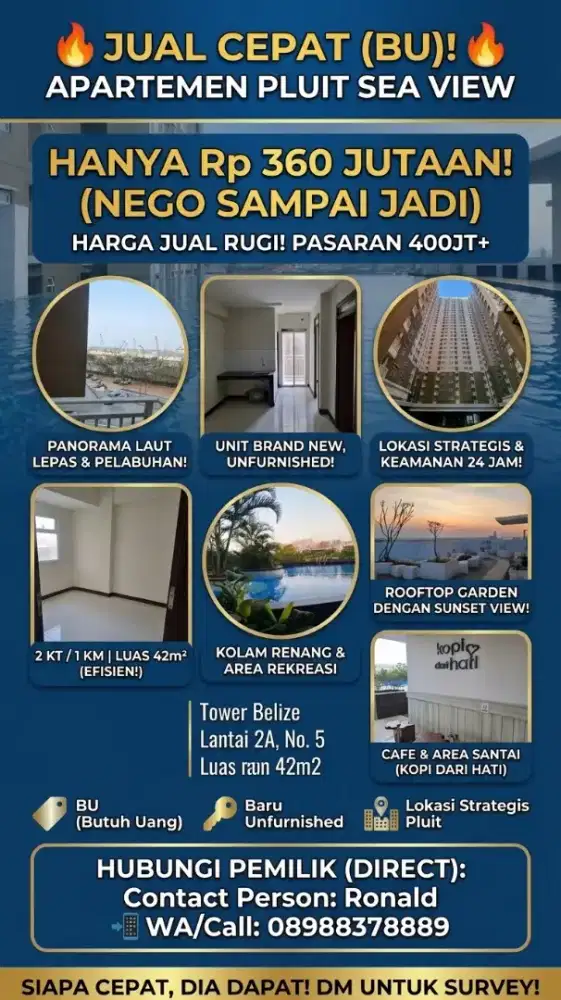 Jual Rugi! Apartemen Pluit Sea View 2BR 42m2 Owner Direct