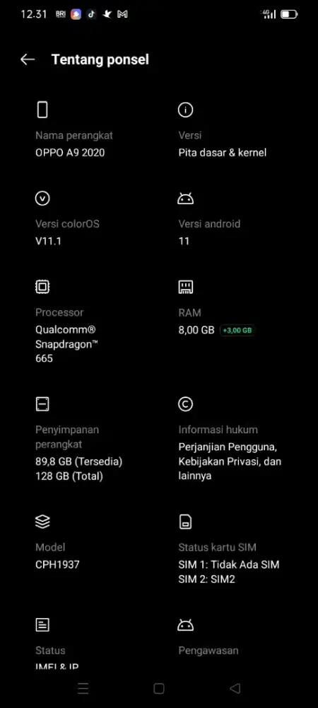 Oppo a92020 ram 8/128 lecet pemakaiyan