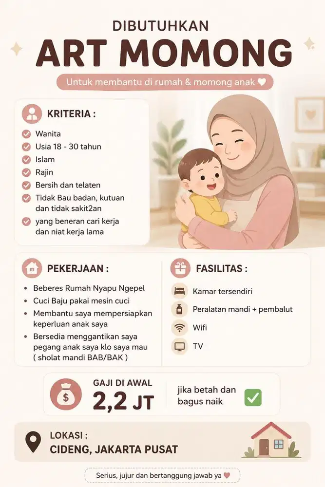 Dibutuhkan ART Momong dan Menginap